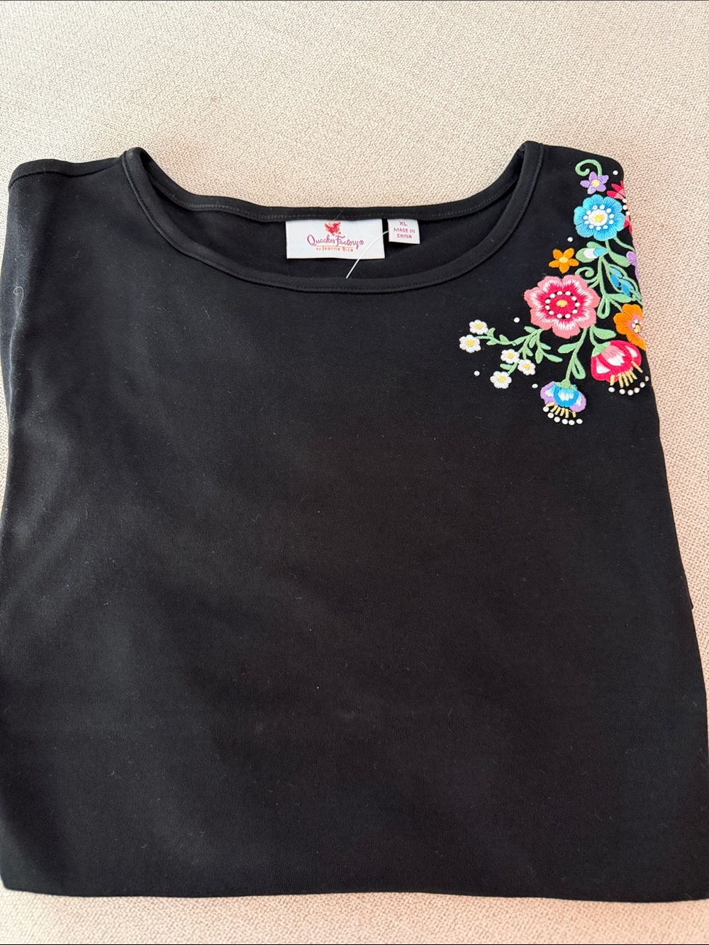 Quacker Factory Black Tee with Colorful Floral Shoulder Embroidery Short Sleeve